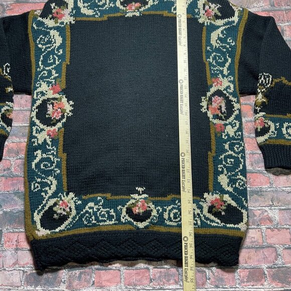 Vtg Cottagecore Womens Sweater L Black Floral Granny Wool Blend Cabincore Soft - Picture 6 of 7